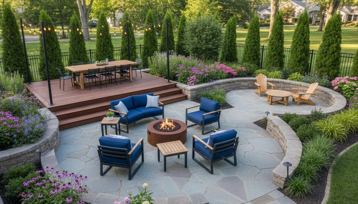 Backyard patio landscaping with lighting and greenery by Chop Chop Landscaping in Bloomington, IN