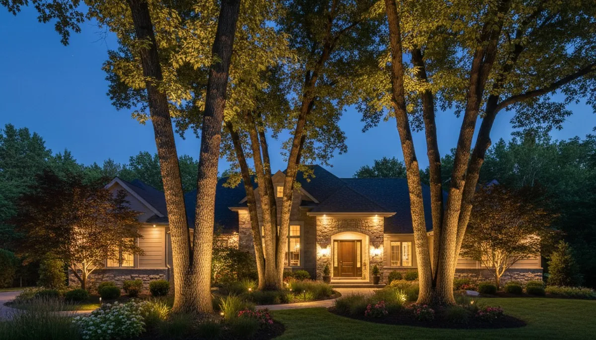 Dramatic tree uplighting with professional landscape lighting in Bloomington, IN at night