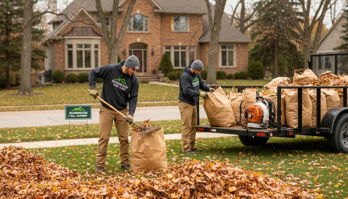 Landscapers raking and bagging fall leaves during yard clean up at a Bloomington IN residential property