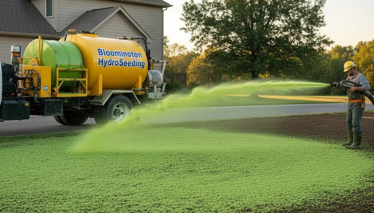 Hydroseeder truck spraying green slurry on new lawn in Bloomington, IN by Chop Chop Landscaping