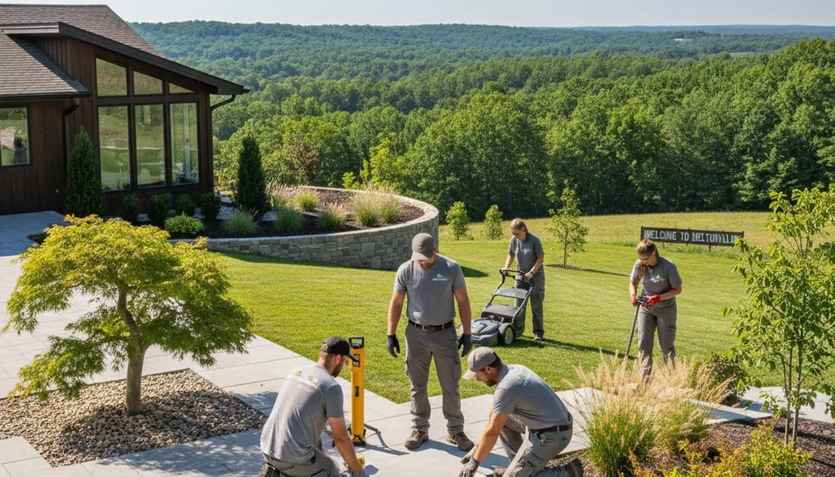 Landscaping crew providing lawn care services in Bloomington, IN for a commercial property