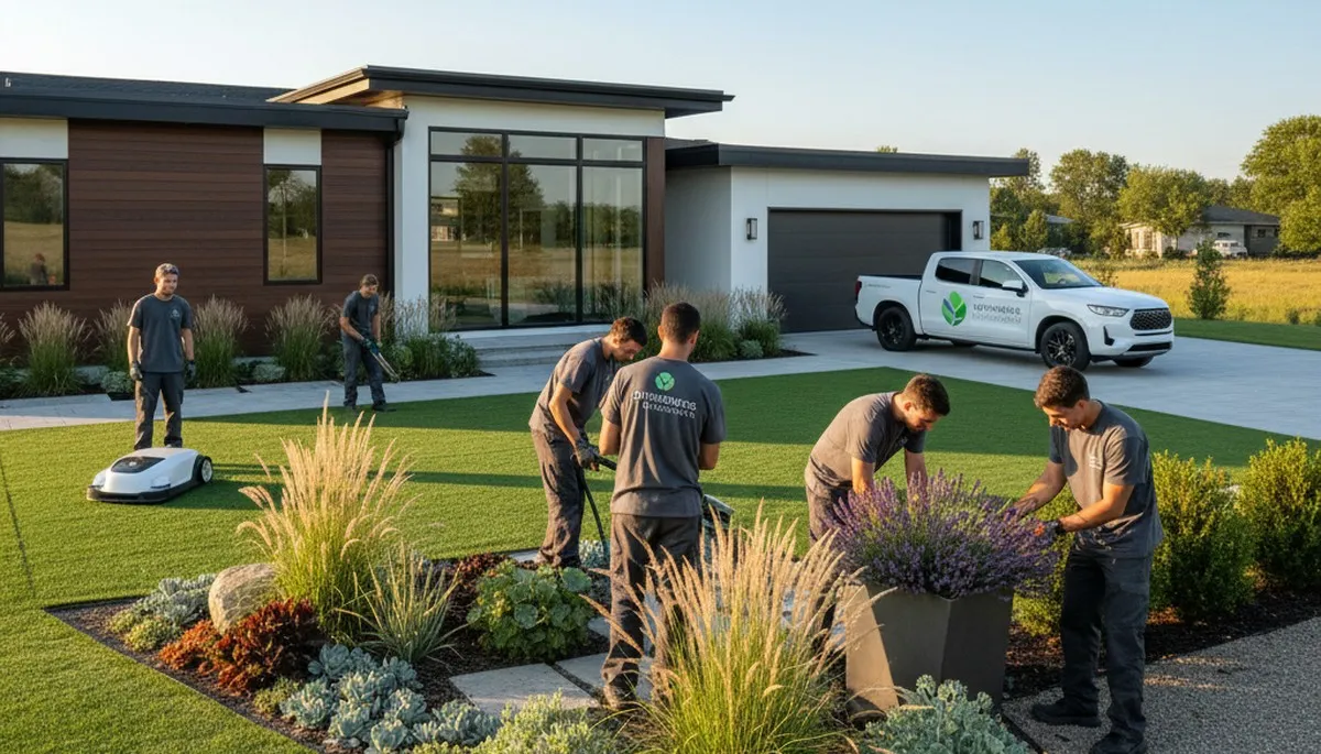 Landscaping crew serving Bloomington, IN with professional lawn care and yard maintenance services