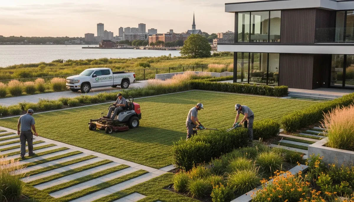 Landscaping crew providing lawn care services in Bloomington, IN