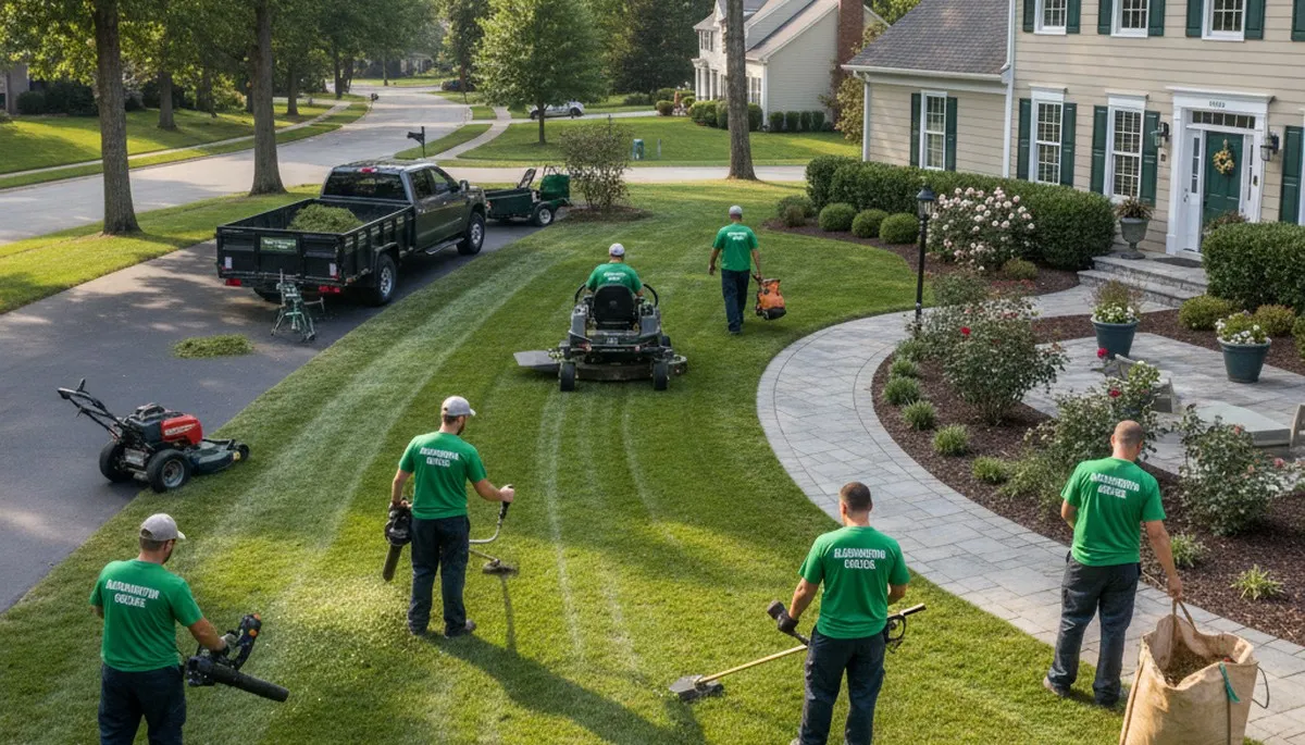 Professional lawn maintenance crew mowing and edging a residential yard in Bloomington, IN