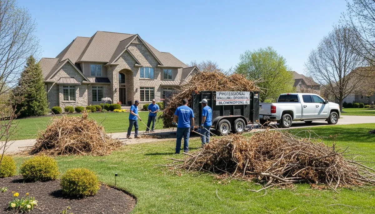 Technicians performing yard waste and branch removal in Bloomington IN with Chop Chop Landscaping