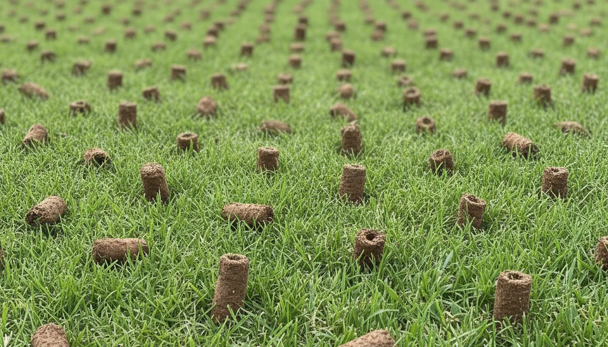 Close-up of soil core plugs after lawn aeration on Bloomington, IN lawn by Chop Chop Landscaping