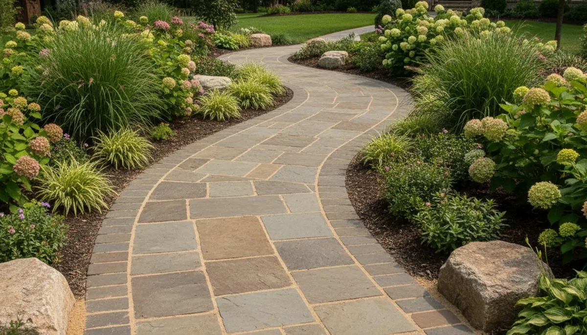 Professional stone paver walkway with natural stone and greenery by Chop Chop Landscaping in Bloomington, IN