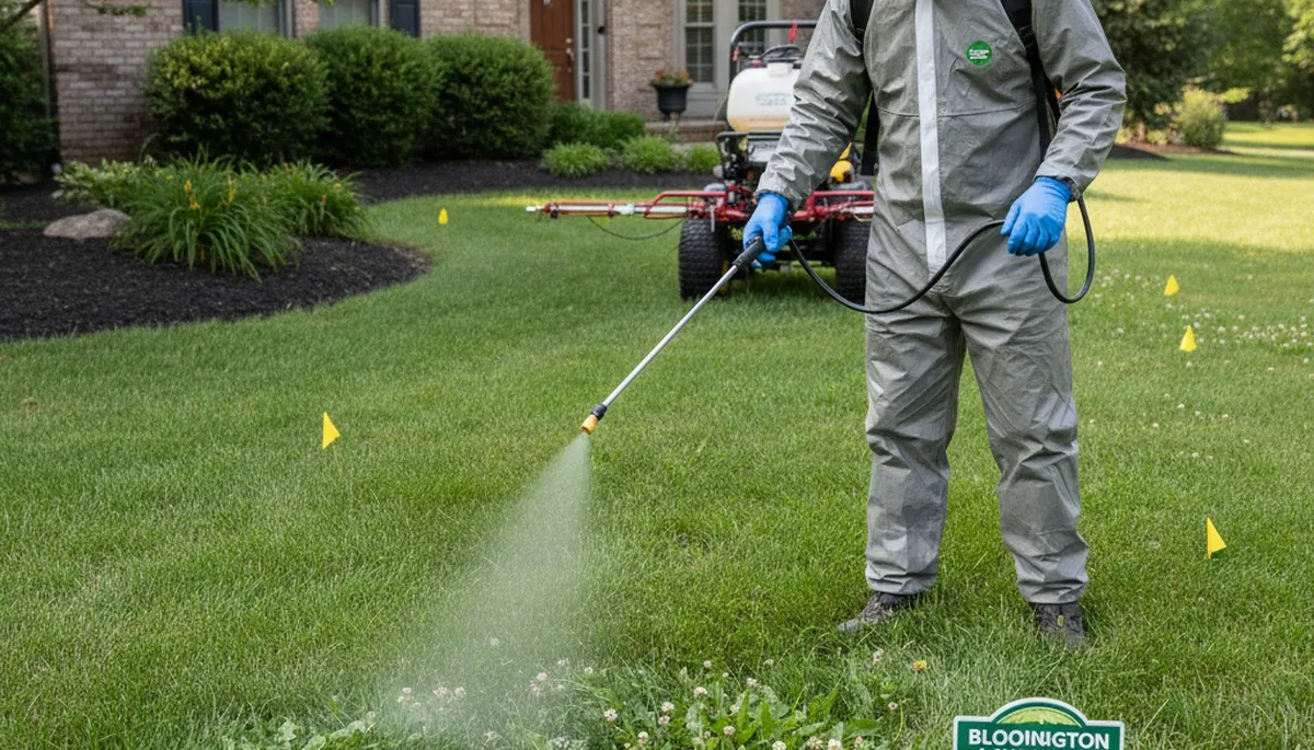 Technician applying targeted weed control on healthy lawn in Bloomington, IN